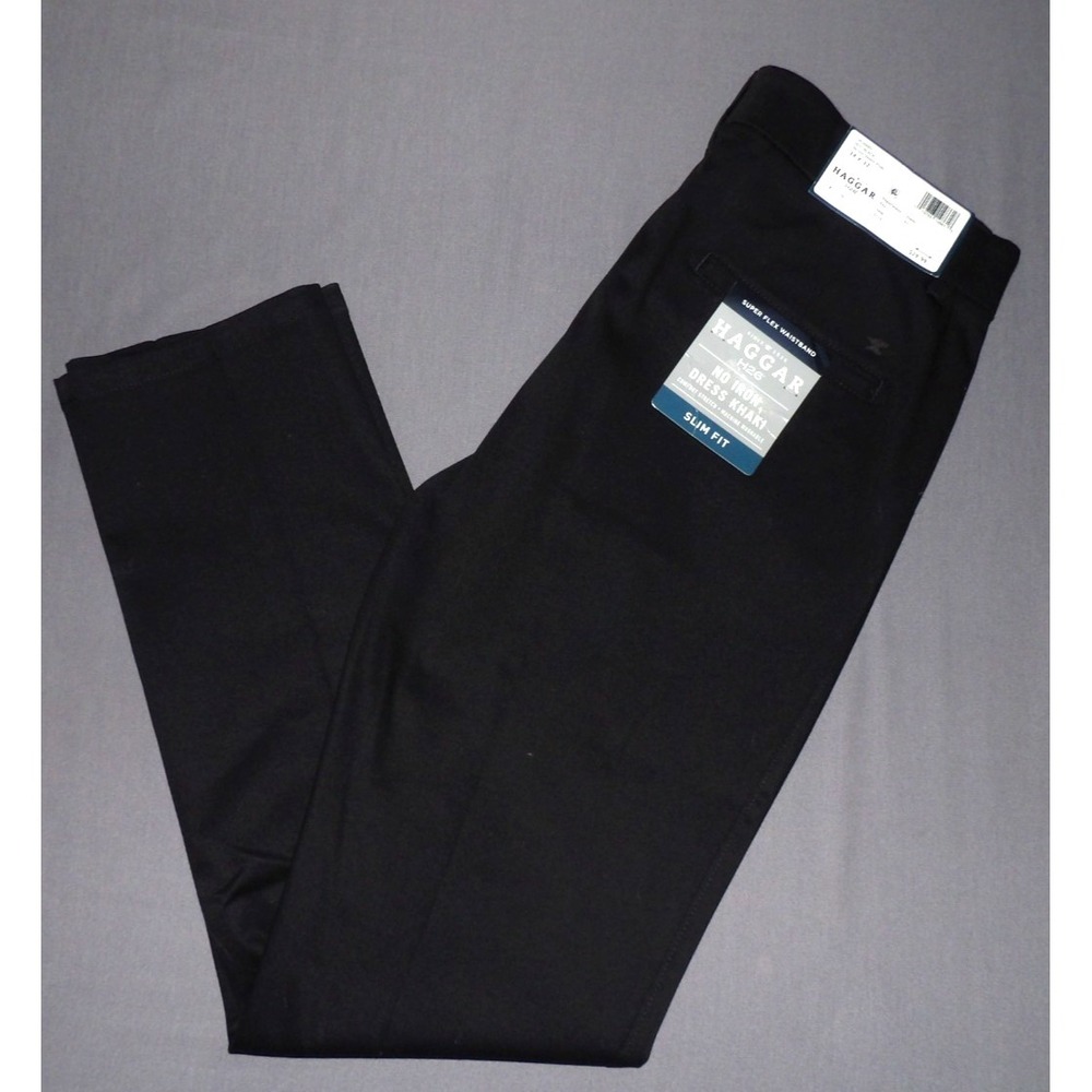 NEW! HAGGAR H26 Black Non-Iron Dress Khaki Pants Slim Fit Men's 34 X 32 NWT!